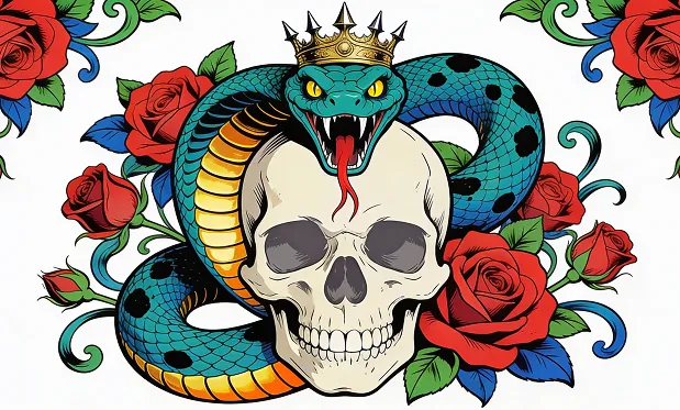 Яркая векторная иллюстрация изображает коронованную кобру, обвивающую человеческий череп, окружённый пышными красными розами. Центральный элемент рисунка...