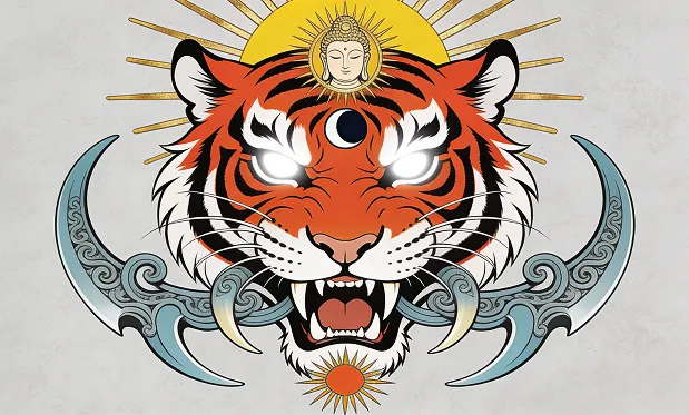 На изображении представлен стилизованный грозный тигриный оскал с элементами неба и декоративными деталями. Доминирующий мотив картины...
