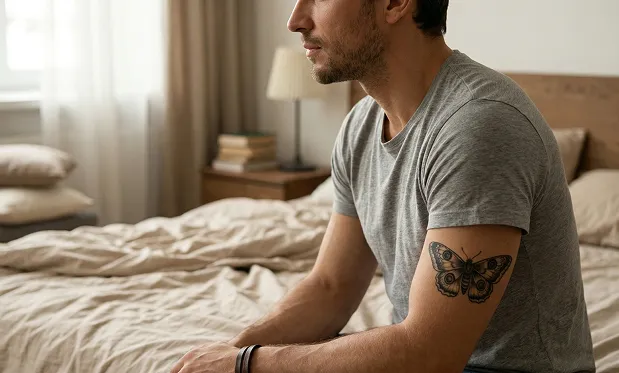 احتفظ بتصميم الوشم في الصورة، لكن غيّر الشخص والخلفية إلى رجل من الجانب وغرفة نوم. سيظهر تصميم الوشم الآن على ذراع الرجل.