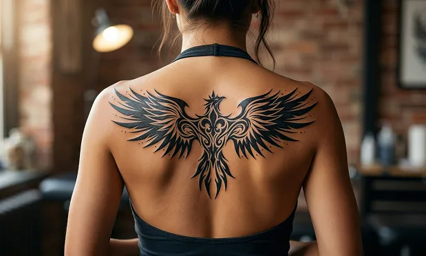 ضع الوشم الموضح في الصورة على ظهر امرأة، تحديداً في منطقة لوح الكتف، مع التأكد من ظهور التصميم بالكامل.